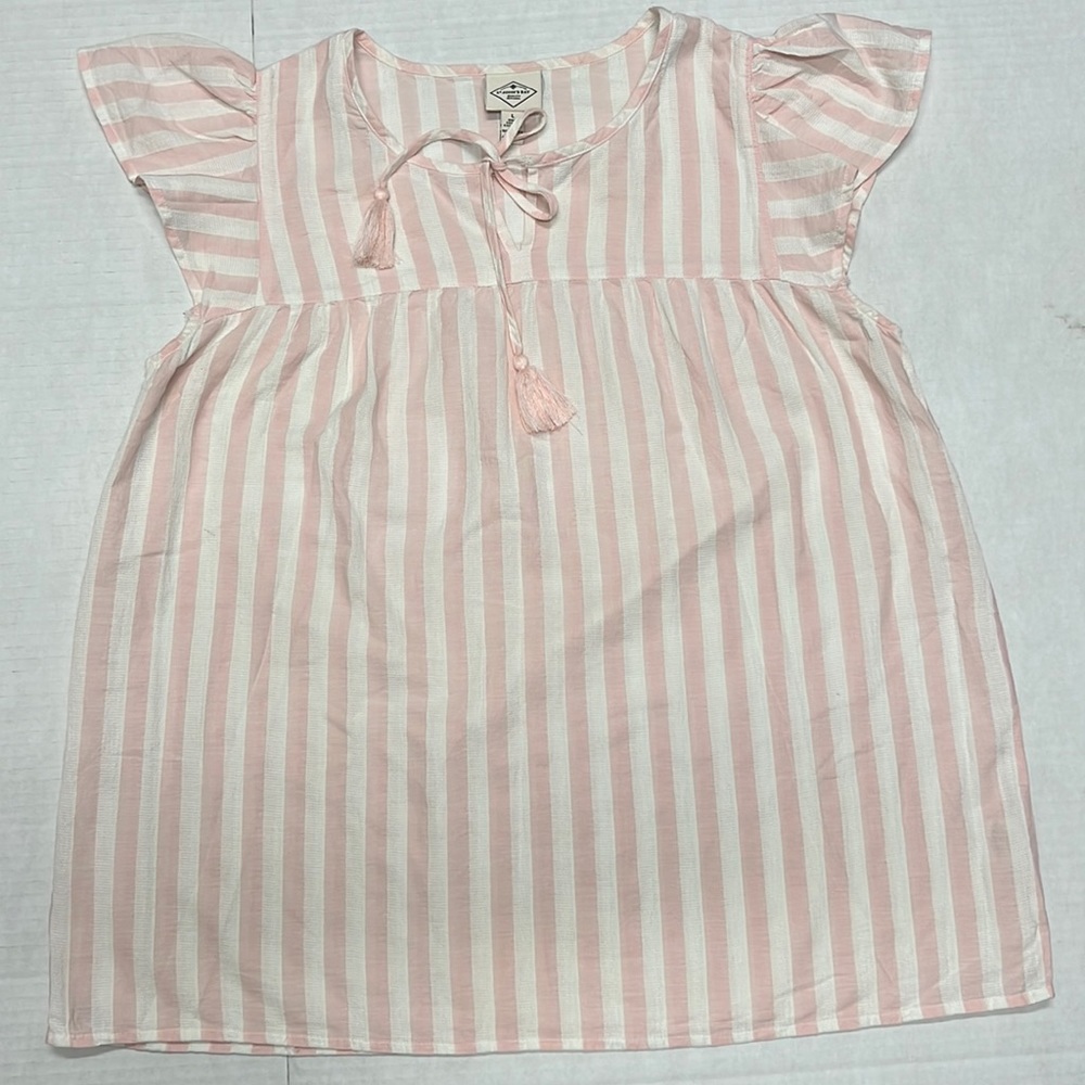 St John's Bay Womens Top Size Large L Pink White Stripes Cotton Flutter Sleeves